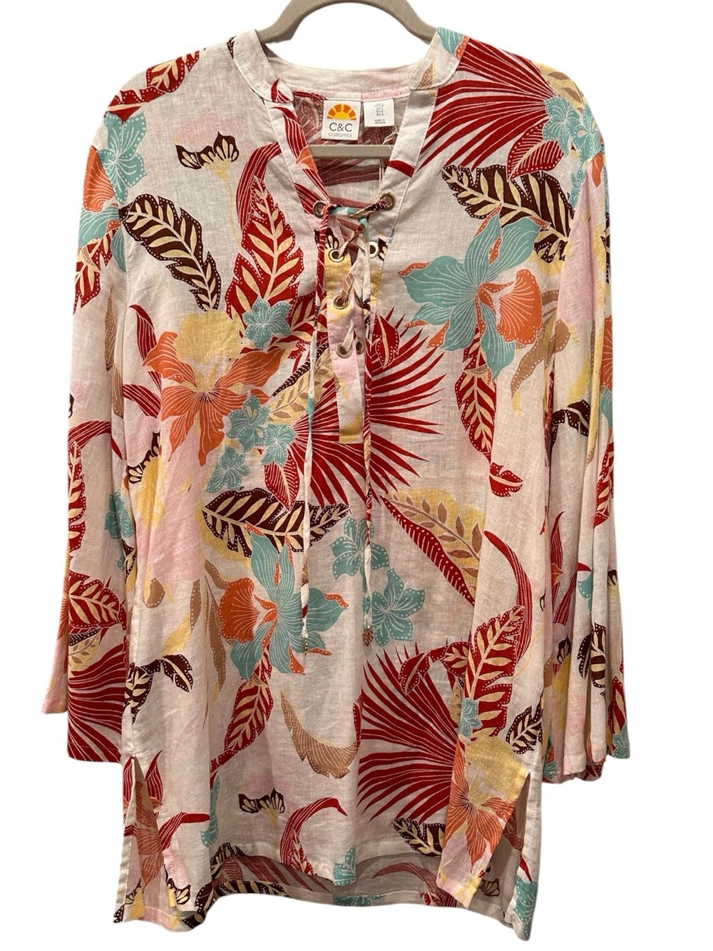 NWT Linen Blend Tropical Lace-Up Tunic Top Swimsuit Cover Up Coastal Beach Sz S